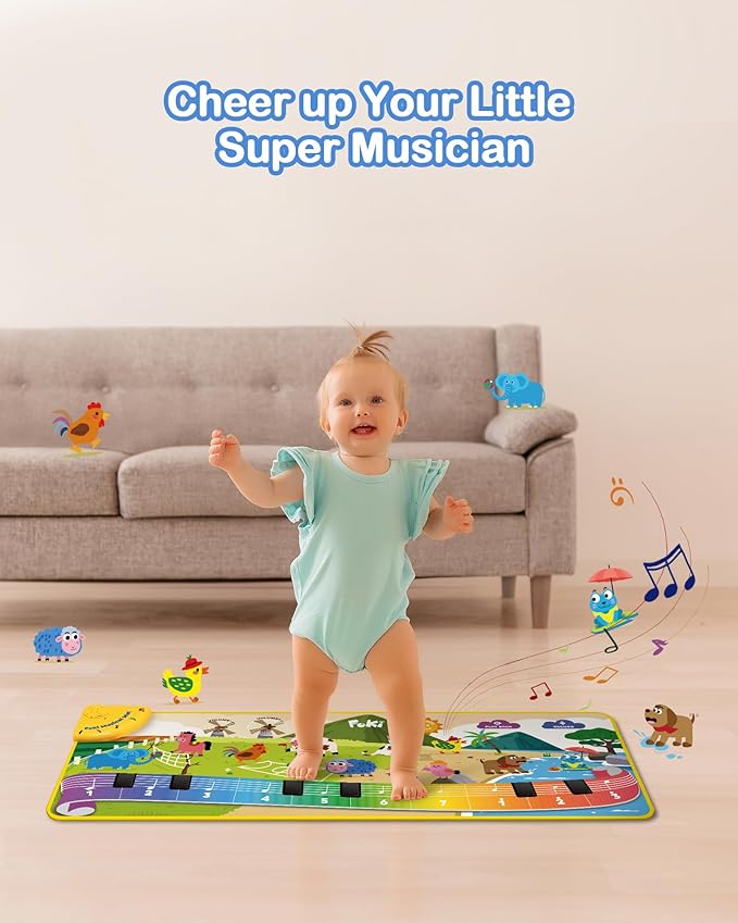 FOKI Toddler Toys Floor Piano Mat with 61 Animal Music Sounds, Baby Kid Sensory Educational Dancing Musical Keyboard Carpet Toy, Record Playback, for 1 to 5 Years Old Boy and Girl