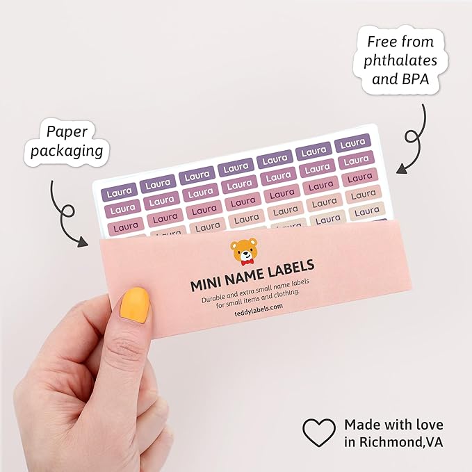 Mini Name Labels (175) - Custom Personalized Name Labels for Labeling Tiny Items, Washer and Dryer-Safe Waterproof Labels for Daycare, Preschool, and School - Purple Palette