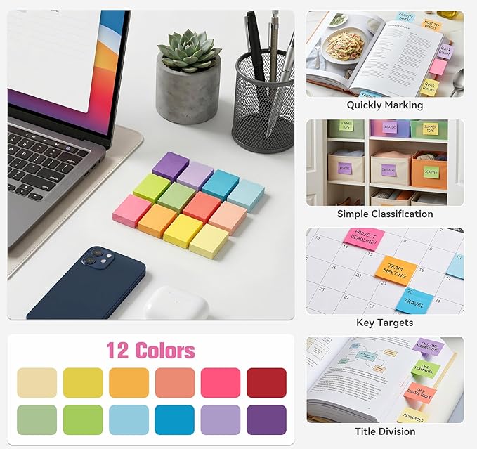 Agoer 2400 pcs Small Sticky Notes,2 x 1.5 Colored Notes Pads,24 Pack Bright Colors Self-Stick Notes,Super Adhesive Sticky Notes,Mini Post Stickies for Office Home School (12 Colours)