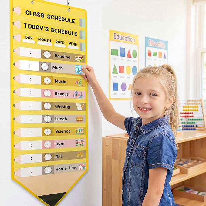 Fullhawl 45 Pcs Pencil Theme Daily Schedule Pocket Chart for Classroom, 13+1 Pockets Kids Schedule Teaching Scheduling Pocket Chart with Cards for Back to School Classroom Decoration
