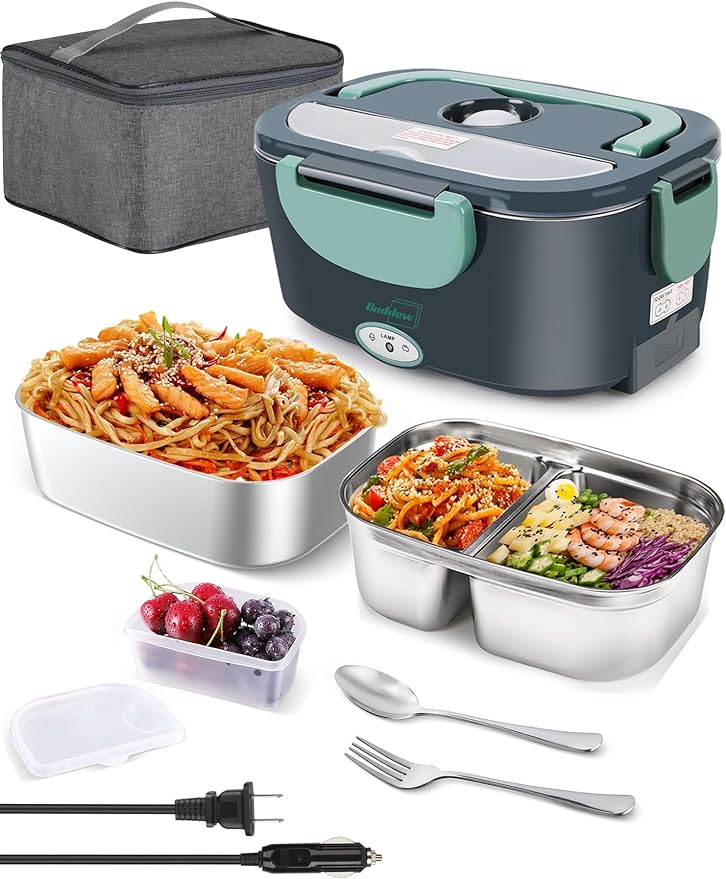 Buddew Electric Heated Lunch Box, 80W Fast Heating with Dual 1.5L Food-Grade 304 Stainless Steel, 12V/24V/110V Portable Food Warmer for Car Truck Office Adults, Lonchera Electrica Portatil (Green)