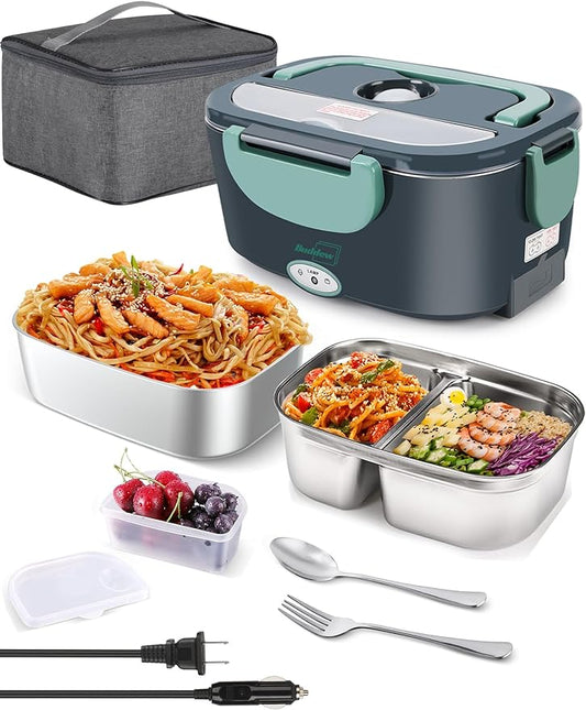 Buddew Electric Heated Lunch Box, 80W Fast Heating with Dual 1.5L Food-Grade 304 Stainless Steel, 12V/24V/110V Portable Food Warmer for Car Truck Office Adults, Lonchera Electrica Portatil (Green)
