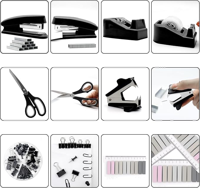 OfficeMate Stapler & Tape Dispenser Set - Black Desk Accessory Kit, Gift for Students, Women, Coworkers, Boss Lady, Office Clerks