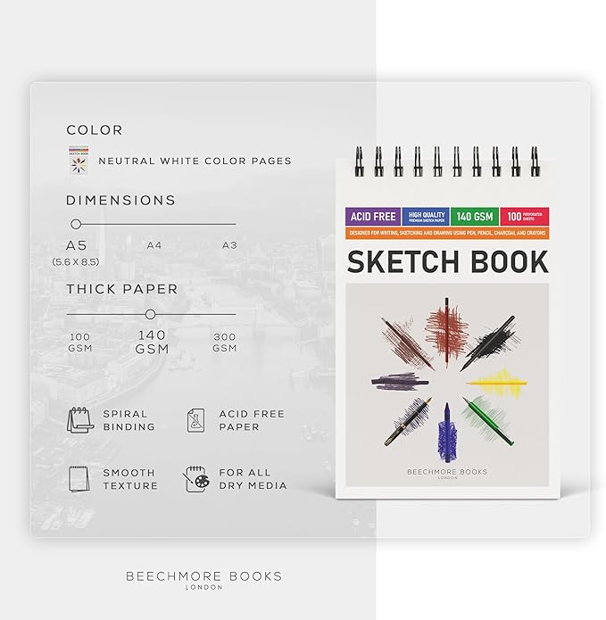 BEECHMORE BOOKS 5.6"x8.5" Spiral Sketchbook – 140 GSM Acid-Free Paper, 100 Perforated Pages, A5 Art Sketch Pad for Drawing & Sketching, Artists, Adults
