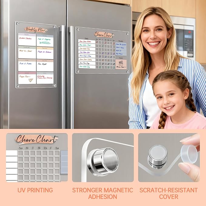 Magnetic Dry Erase Acrylic Chore & Weekly Calendar Set for Fridge, Refrigerator Visual Color-Block Design with 6 Color Erasable Magnetic Markers, Ideal for Kitchen Meal Planner & Fmaily Work Task