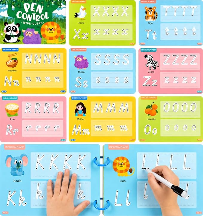 Reusable Alphabet Tracing Book for Kids, 30 Pages ABC Writing Practice with Dry-Erase Markers, Montessori Travel Toy for Preschool Learning (Animals & Letters)