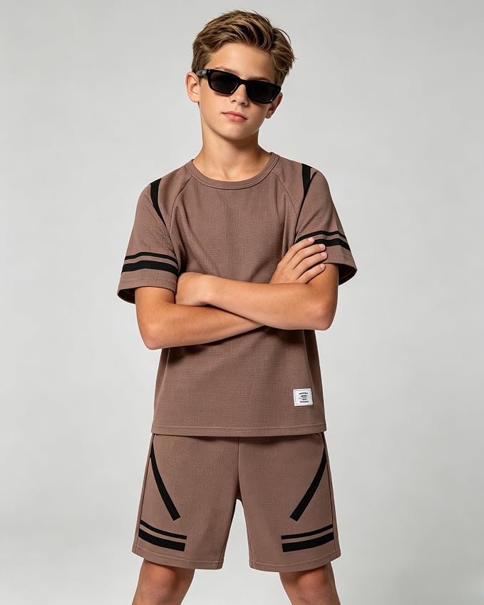 Cakaner Tween Boys Clothes Summer Simple Print T-Shirt And Shorts Set 2 Pieces Teen Trendy Outfits Size 7-14 Year