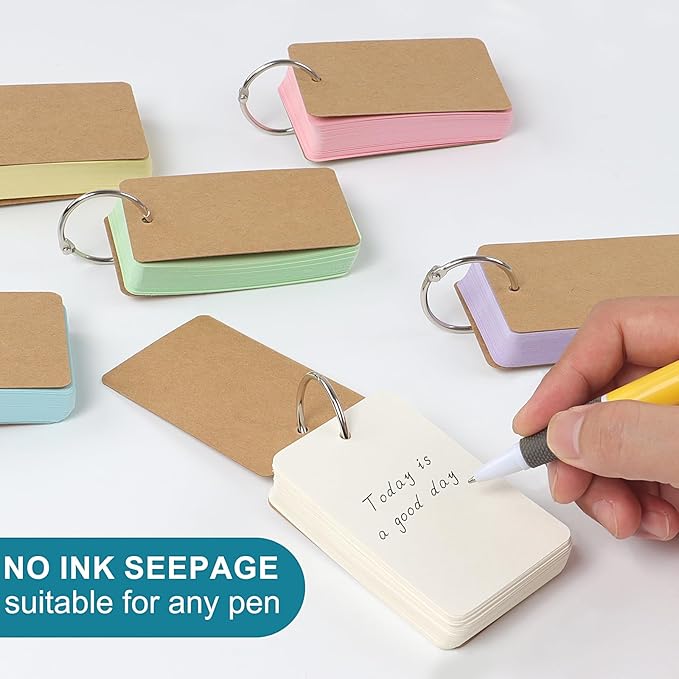 300 Sheets Blank Index Cards with Binder Ring, 6 Packs 3.54 * 2.13 Inch Colored Kraft Note Cards for Studying, Flash Card for Home, School and Office Learning and Memory