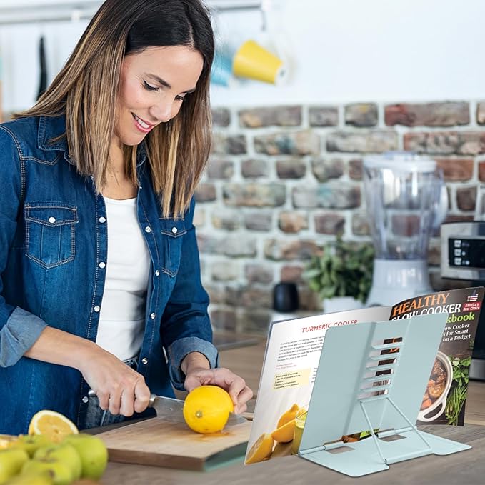 Honagu Metal Desk Book Holder, Hands Free Adjustable Cookbook & Document Holder, Portable Bookstand for Music Books, Textbooks, Recipes, Tablets & iPads (Olive Green)