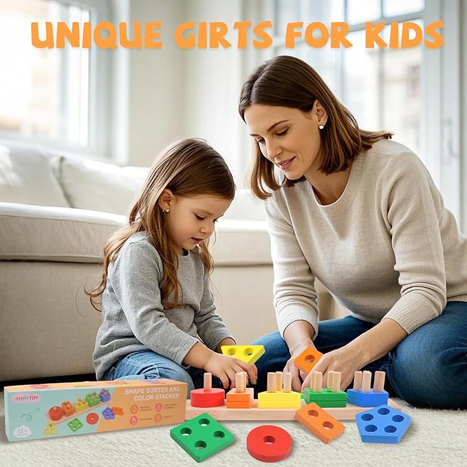 YHHYTOY Montessori Toys for 1 2 3 Year Old - Wooden Baby Stacking Toys Sensory Educational Shape Sorter Color Sorting Toy for Toddlers 1-3, Preschool Learning Birthday Gifts for Baby Girls Boys Kids