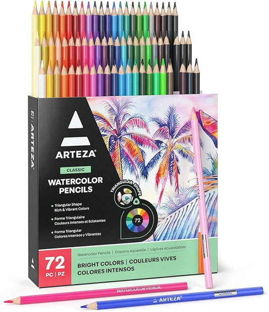 Arteza Watercolor Colored Pencils For Adult Coloring, 72 Colored Pencils in Assorted Shades, Triangular Shape, Drawing Pencils for Coloring Books and Canvas, Watercolor Brush Included, Art Supplies