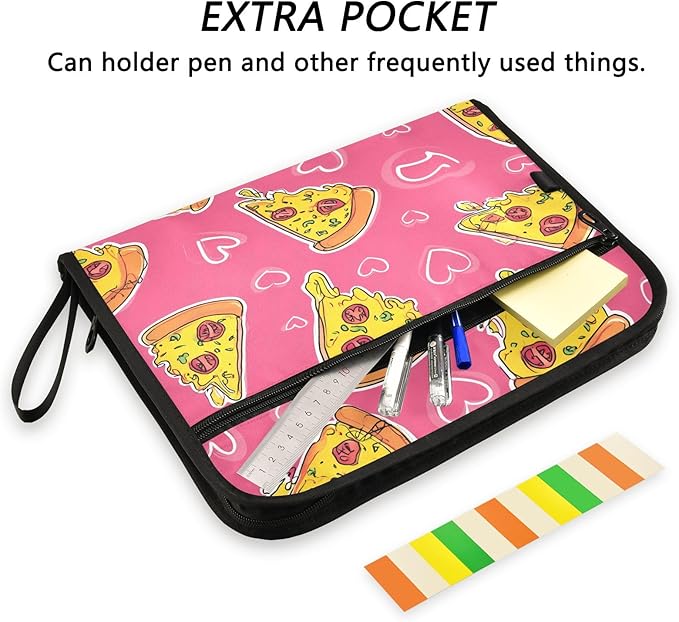 Pizza Pink Love Pattern 13 Pocket File Organizer Expanding File Folder with Front Pouch Portable Business File Storage Document Organizer Folder with Zipper