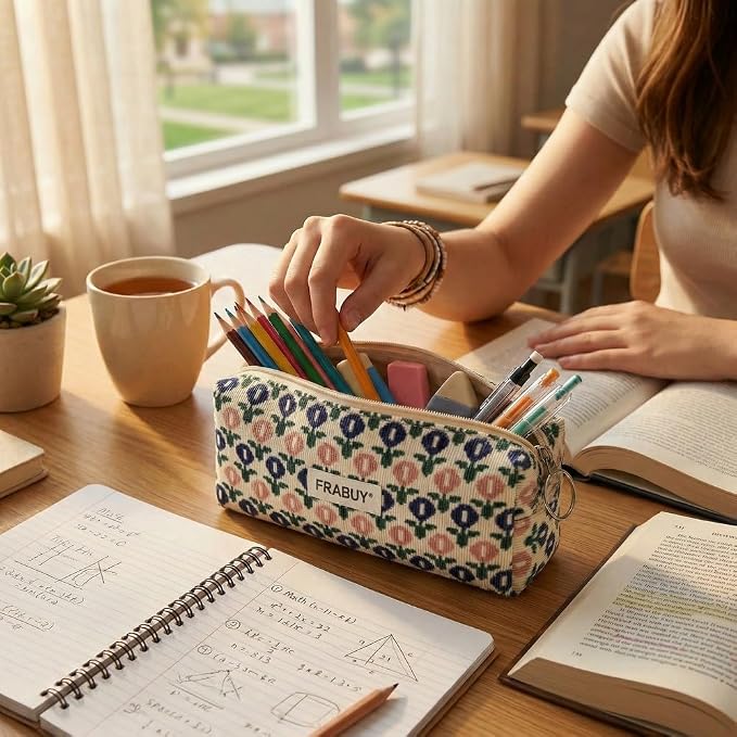 Soft Corduroy Pencil Case Pen Pouch Organizer, Small Stationery Bag | Cute little blue flower pencil pouch, smooth zipper, daily cosmetics holder, compact organizer for school teen girls, women