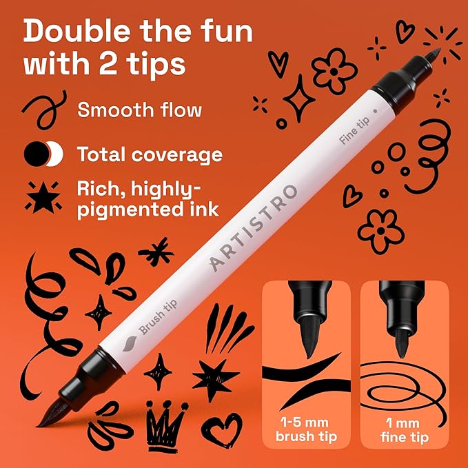 ARTISTRO 5 Black Acrylic Paint Markers - Paint Pens for Drawing, Brush + Fine Tips - For Fabric, Rock, Glass, Wood, DIY - Art & Craft Supplies for Adults, Teens, Kids - Teacher Appreciation Gift