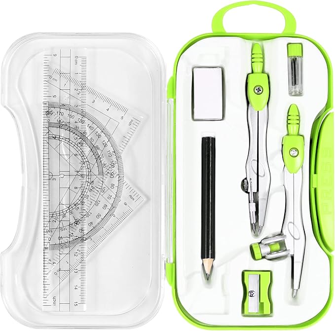 Unjoo Math Geometry Kit Sets 10 Piece Student Supplies with Shatterproof Storage Box,Includes Rulers,Protractor,Compass,Eraser,Pencil Sharpener,Lead Refills,Pencil,for Drafting and Drawings（Green）
