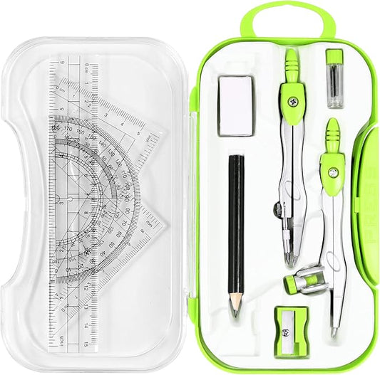 Unjoo Math Geometry Kit Sets 10 Piece Student Supplies with Shatterproof Storage Box,Includes Rulers,Protractor,Compass,Eraser,Pencil Sharpener,Lead Refills,Pencil,for Drafting and Drawings（Green）