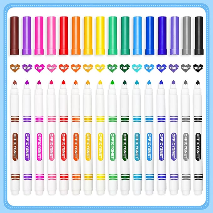 Officygnet 256 Count Washable Markers Bulk, 16 Assorted Colors, Conical Tip with Fine & Broad Line Coloring Marker for Kids, Markers Bulk for Classroom, School Art Supplies, Back to School Essentials
