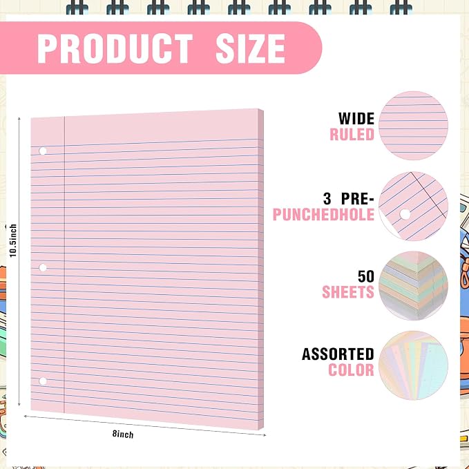 PerKoop 12 Pack 600 Sheets Loose Leaf Paper 8" x 10.5",Light Color