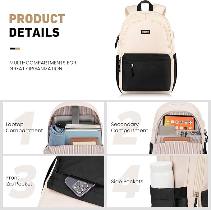 KROSIAS School Backpack for Teens Girls, Cute Student Bookbag Large 15.6 Inch Laptop Bag Aesthetic College Backpacks for Women High School Travel (Black Beige)