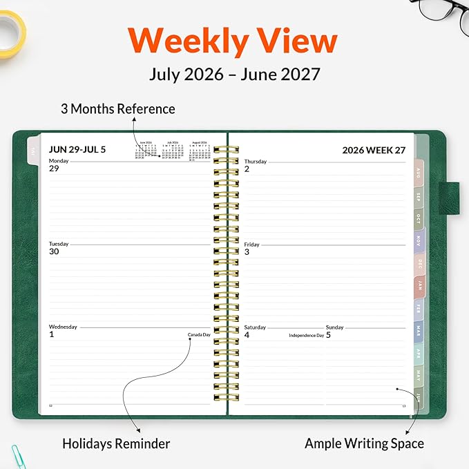 SUNEE 2026-2027 Weekly & Monthly Planner 6.4"x8.5" - 12 Month (July 2026 - June 2027), Vegan Leather Cover Planner Academic Year Calendar, Pocket, Notes, Monthly Tab, Deep Green