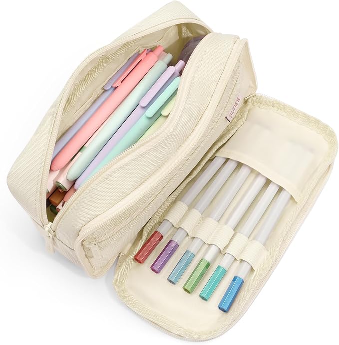 SUNEE Pencil Case, Large Capacity Pencil Pouch, Aesthetic Big Pen Bag 900D Oxford Pen Box for Office Stationery Organizer School Supplies Multifunctional for Teen Boys Girls Women Men, Beige