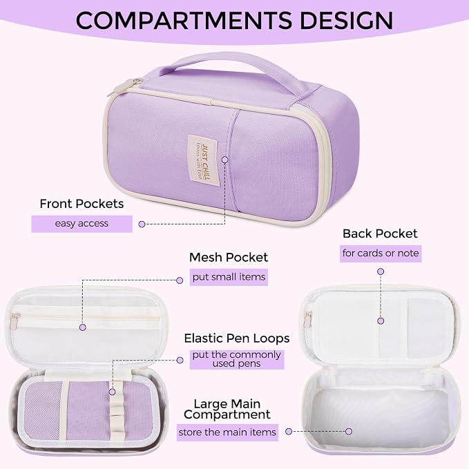 SKYDUE Purple Pencil Case for Girls – Large Capacity Zippered Pencil Pouch with Multi-Compartment, Aesthetic Pencil Bag for School & Office Supplies