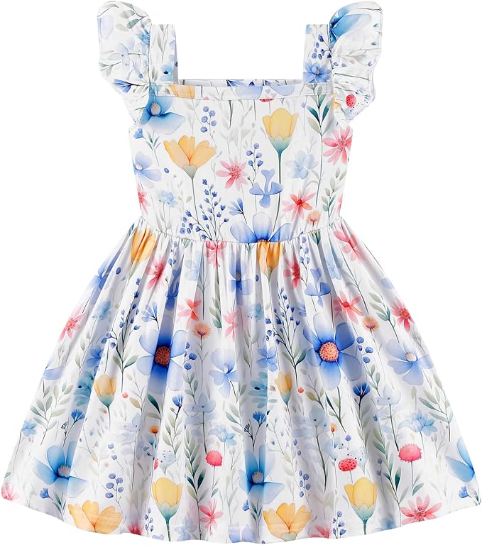 Popshion Girls Dresses Flutter Sleeve Swing Sundress Toddler Summer Clothes Kid Birthday Party Sleeveless Dress 1-8 Years Old
