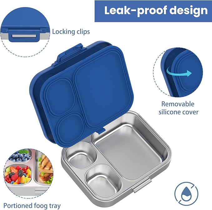 Pawtong Stainless Steel Bento Lunch Box for Kids | 3-Compartment Lunch Box Container Kids | 100% Leakproof, Eco-Friendly, Perfect Portion Control for Kids&Adult Healthy Meals (Blue)