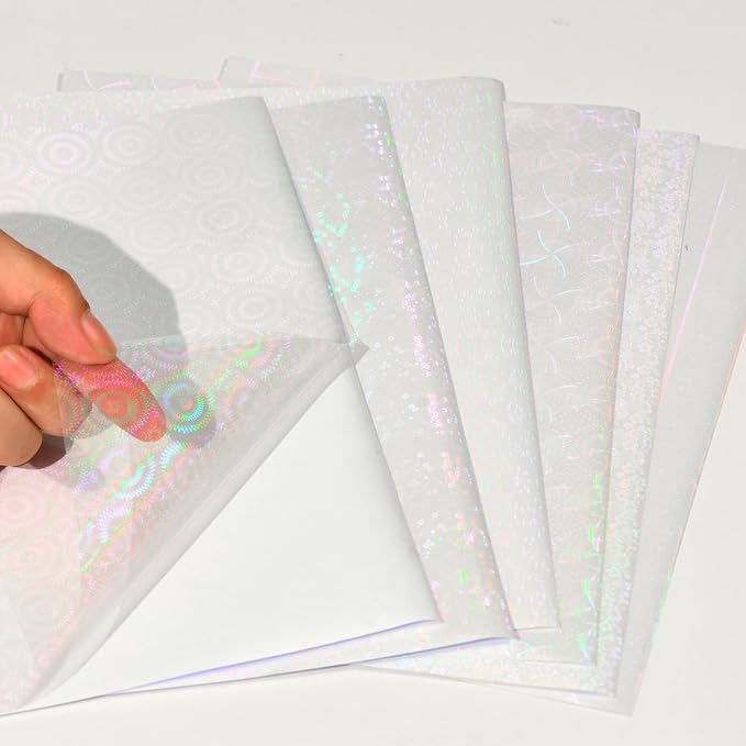 36 Sheets Holographic Sticker Paper, Clear Vinyl Laminate Film for Stickers Self-Adhesive, Transparent Overlay Lamination Sticker Paper Waterproof, 6 Patterns-8.5x11 Inch