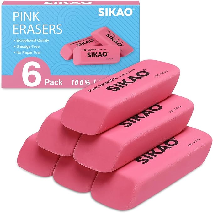 Pink Erasers, 6 Pack Pencil Erasers for Kids – Latex-Free & Smudge-Free Beveled Rubber Erasers for School Supplies, Classroom, Art & Homework