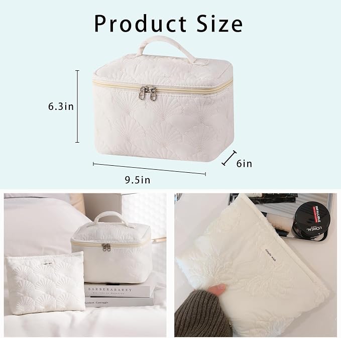 uekeboag White Shells Quilted Cotton Makeup Bag,Coquette Quilted Toiletry Bag for Women and Girls, Floral Coquette Organizer Bag, Aesthetic Travel Cosmetic Bags(White Shells Bag)