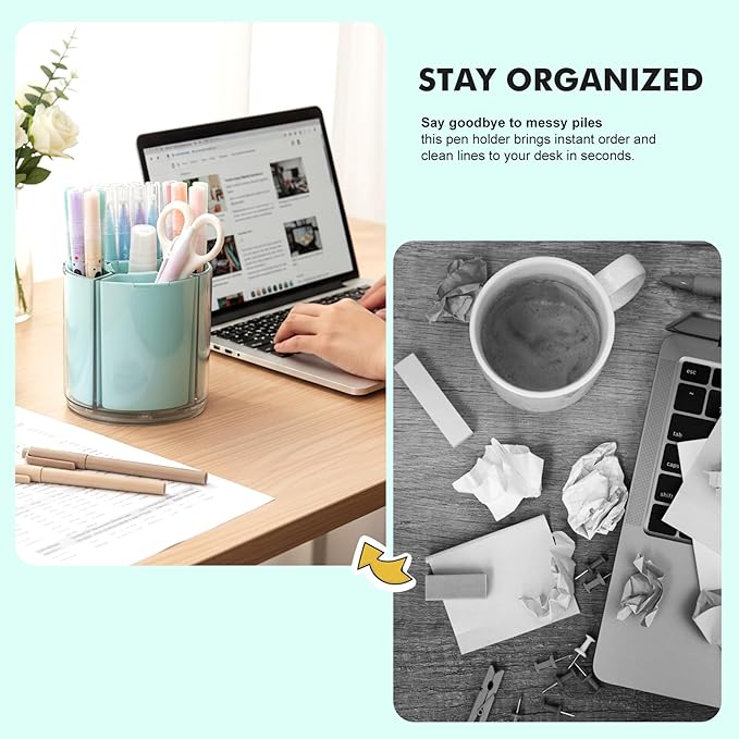 Comix 360° Rotating Pen Holder for Desk, Cute Pencil Holder Pen Organizer, Green Acrylic Pencil Cup Caddy with 5 Slots for Home School Office Supplies