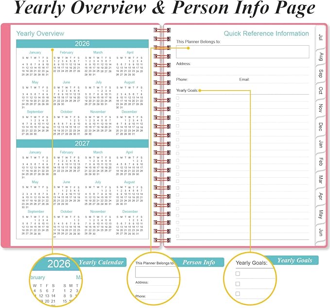 Planner 2026-2027 - A5 Weekly & Monthly Planner Spiral Bound, July 2026 - June 2027, with Flexible Cover, Tabs, Inner Pocket, 6.4" x 8.5", Pink