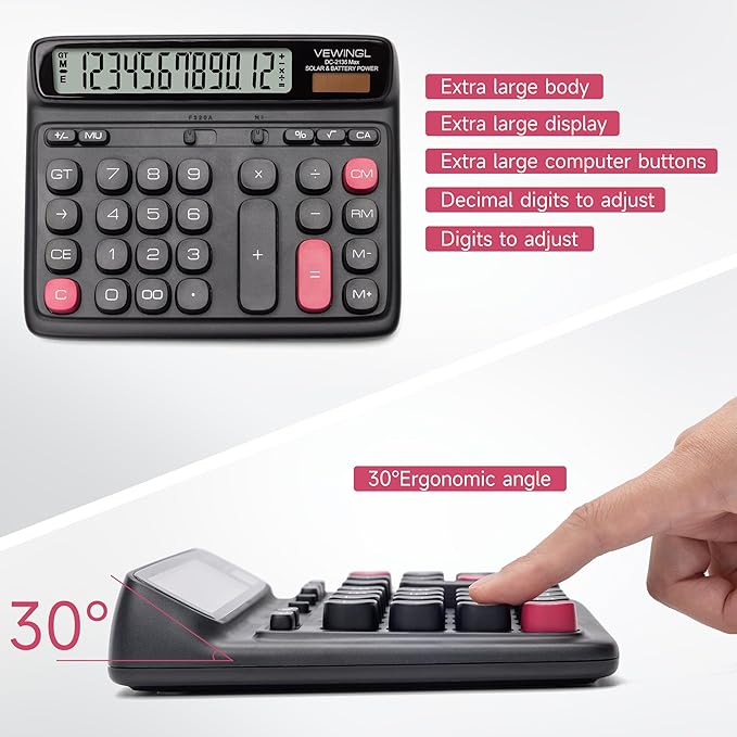 VEWINGL Desktop Calculator with Extra Large LCD Display, 12-Digit Dual Power Solar & Battery Calculator, Big Button Office Calculator for Accounting, Home, School & Business Use (Black)