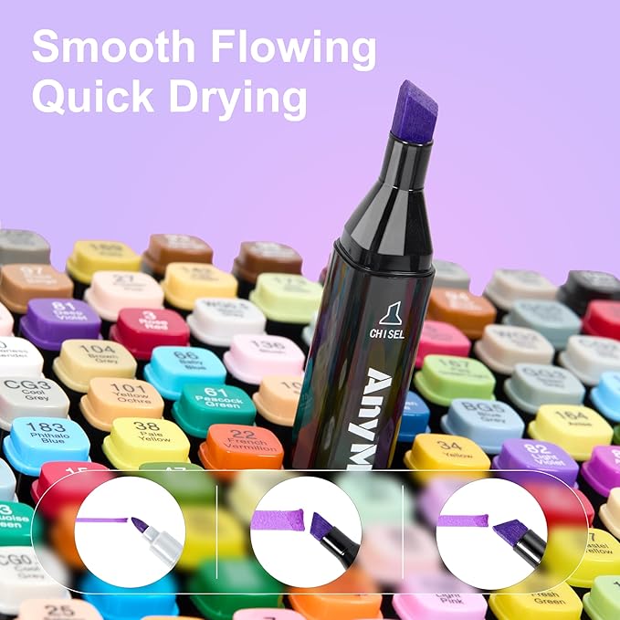 AnyMark Alcohol Markers, 100 Colors Dual Tip Art Coloring Markers Set for Adult Book Drawing Sketching Painting, Chisel & Fine, Black Penholder