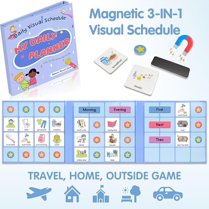 ALSLEA Magnetic Visual Schedule, Morning & Bedtime Routine Chart, Magnetic Chore Chart Cards, Customizable Daily Planner with 171 Magnets ADHD, Autism Learning Material, Early Childhood Education Aid
