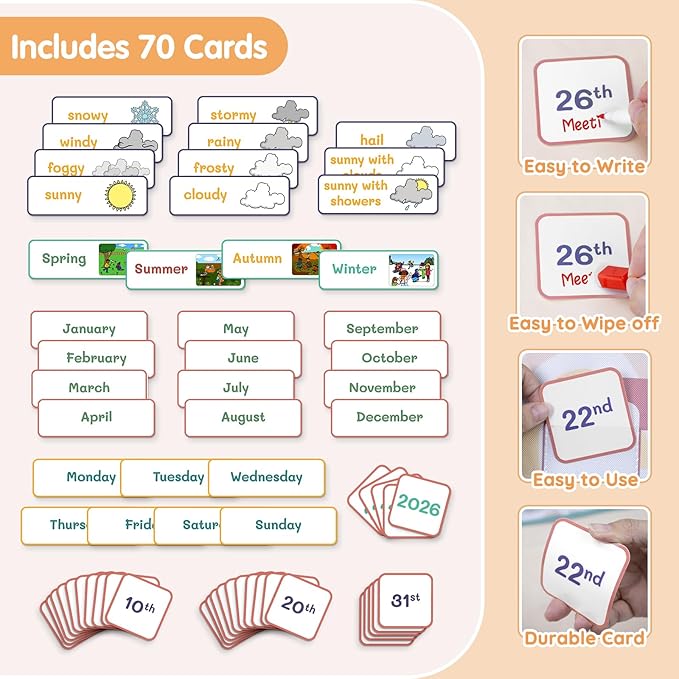 AKAYOK Classroom Calendar Pocket Chart with 70 Cards - Circle Time Calendar 2024-2028 with 2 Storage Pockets, Kids Calendar Perfect for Preschool and Homeschool Learning