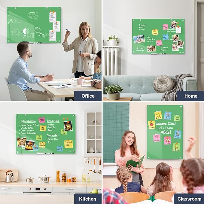 Glass White Board 36x24 Inches Magnetic Glass Dry Erase Board, Large Whiteboard for Wall Office School Classroom Home, 3x2 Feet Green Whiteboard Wall Mounted