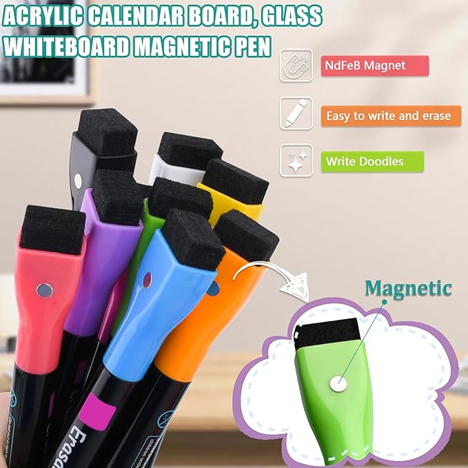 Magnetic Wet Erase Markers, Liquid Chalk Markers Ultra Fine Tip for Acrylic Calendar, Whiteboard Marker with Erasers Cap for Planning Board, Clear Glass, Low Odor Fine Tip Wet Wipe Pens, 8 Pack