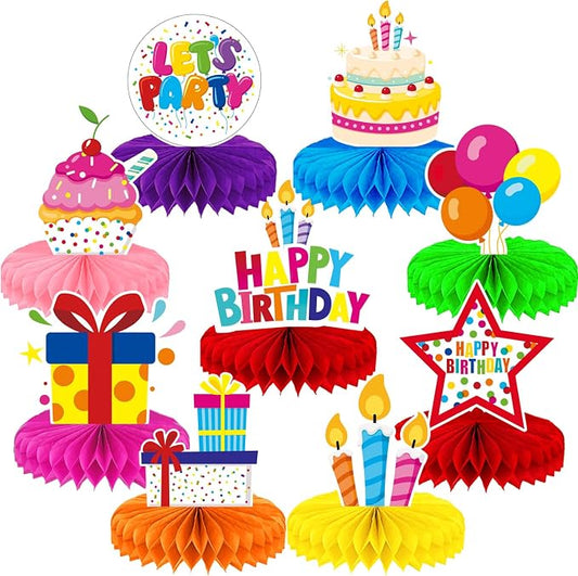 Birthday Table Decorations - 9 Pcs Colorful Happy Birthday Centerpieces for Tables Rainbow Honeycomb Centerpieces Table Toppers for Girls Boys Men Women Birth Date Party Supplies, Photo Booth Props