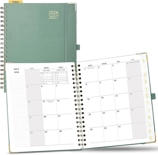 POPRUN Monthly Planner 2026-2027 Spiral Hardcover (8'' x 10''), 18 Months Calendar (Jan.2026-Jun.2027) - 2 Pages per Month with Dotted Note Pages, Sunday Start, Laminated Tab - Midnight Green