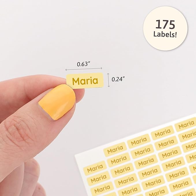 Mini Name Labels (175) - Custom Personalized Name Labels for Labeling Tiny Items, Washer and Dryer-Safe Waterproof Labels for Daycare, Preschool, and School - Yellow