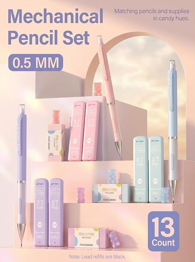 Four Candies 3PCS Cute Mechanical Pencils Set, 0.5mm with 360PCS Lead Refills, Pastel Erasers & Case, Preppy Aesthetic Kawaii Stationary for College Student Precision Note-Taking and Drafting