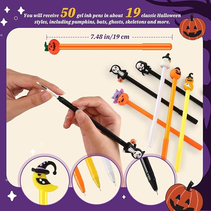 SANNIX 50 Pieces Halloween Pens, Fun Cartoon Pumpkin Ghost Skull Bat Gel Ink RollerBall Pens for Kids Gift School Class Birthday Party Supplies Halloween Party Favors