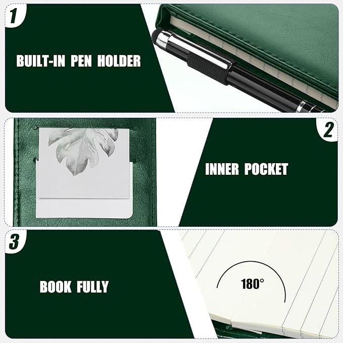 Outus 10 Pcs Mini Pocket Notepad Holder Set Included Small Leather Pocket Notebook Holder with 50 Lined Sheets, Metal Pen, 8 Pcs 3 x 5 Inch Memo Book Refills, 30 Lined Paper Per Note Pad (Green)