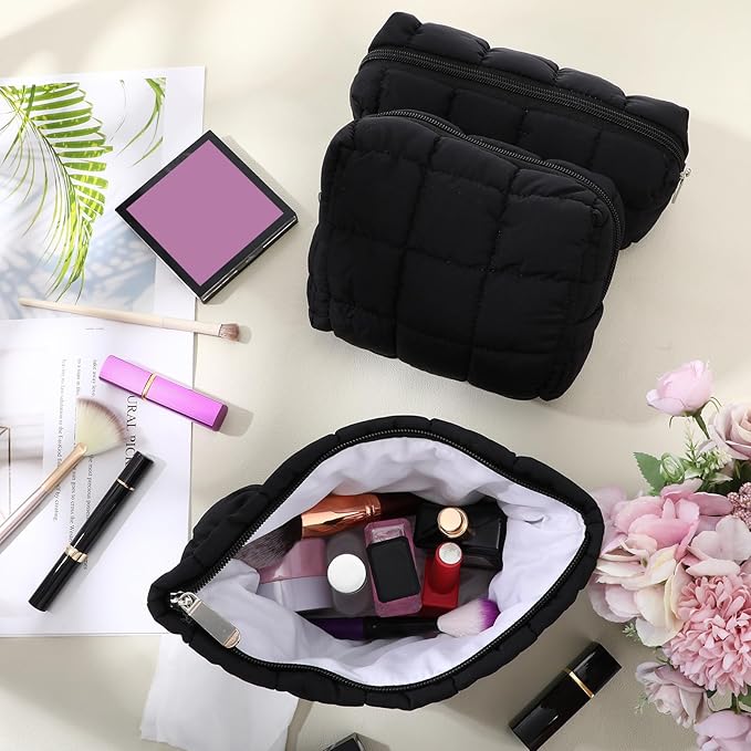 Huhumy 3 Pcs Puffy Makeup Bag Quilted Cosmetic Pouch for Women Cute Checkered Travel Toiletry Bag Puffer Makeup Organizer Purse Pouch Preppy Pencil Case with Zipper(Black)