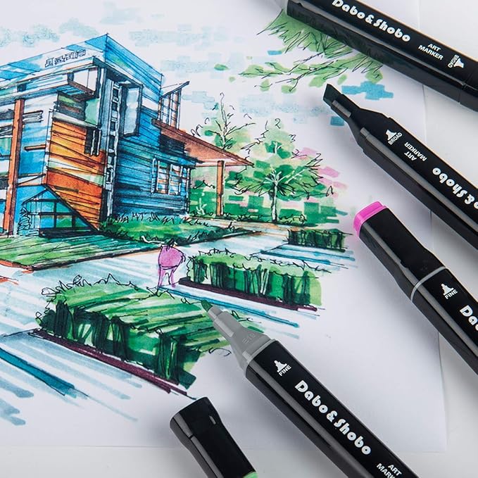 Dabo&Shobo 80 Color Alcohol Marker Pens, Bright Permanent Markers For Coloring, Markers For Adults Coloring Book, Wide Chisel and Fine Tip, Dual Tip Design, Equipped with Black Suitcase