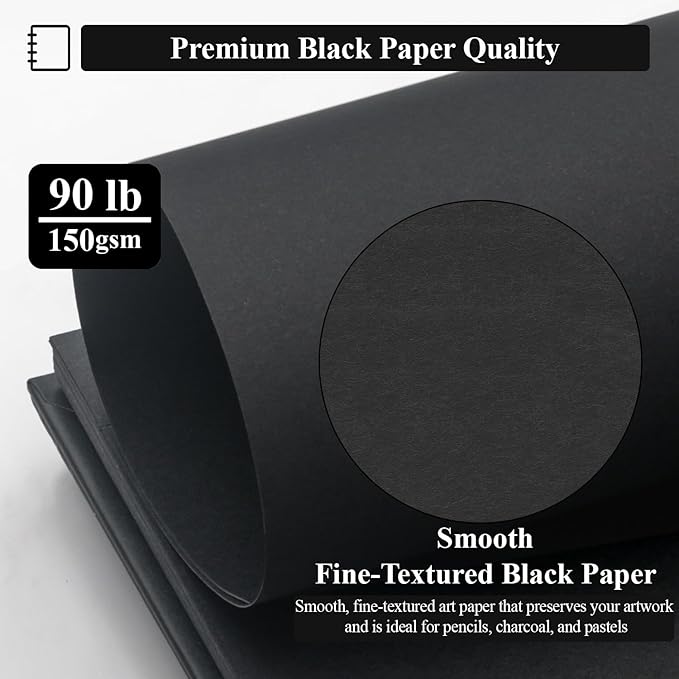 SuFly Black Paper Sketch Pad, 60 Sheets Spiral Sketch Book 8.5 x 11, 90lb/150gsm Black Paper Notebook for Colored Pencil, Oil Pastels, Chalk, Charcoal | Sketch Pads for Adults & Art Supplies.
