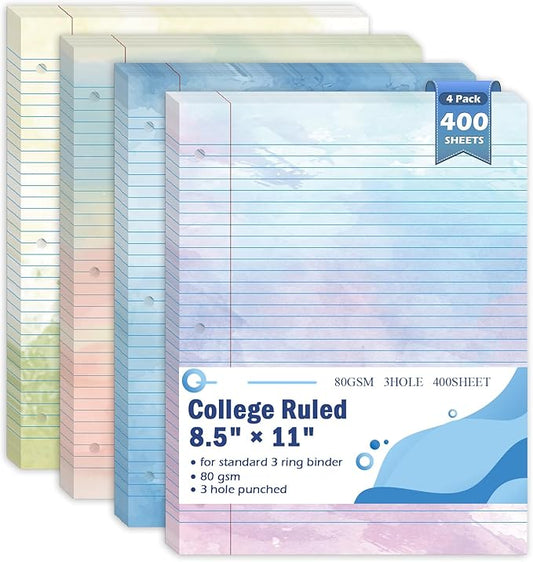 400 Sheets Letter Size Colored Loose Leaf Paper College Ruled For 3-Ring Binder 8.5" × 11" Colored Lined Filler Notebook Paper College Ruled Notepad 3-Hole Punched Watercolor 80gsm For School Office