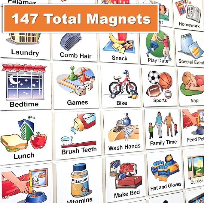 SchKIDules 2-Sided Magnetic Visual Schedule for Kids (Home Bundle) | Daily Routines, Chore/Reward Charts, ADHD Help | Includes 18” Folding Reversible Board, 129 Magnets & Dry Erase Marker